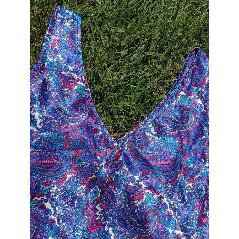 Vintage Purple Paisley Satin V-Neck Tank Top Maximalist Boho Festival Y2K - Picture 6 of 6